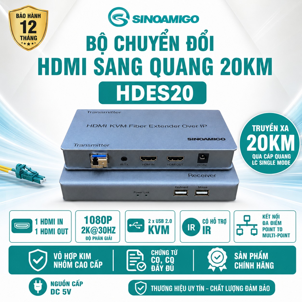Bộ kéo dài HDMI qua cáp quang 20km độ phân giải 2K có cổng USB  Sinoamigo S/N HDES20 chính hãng
